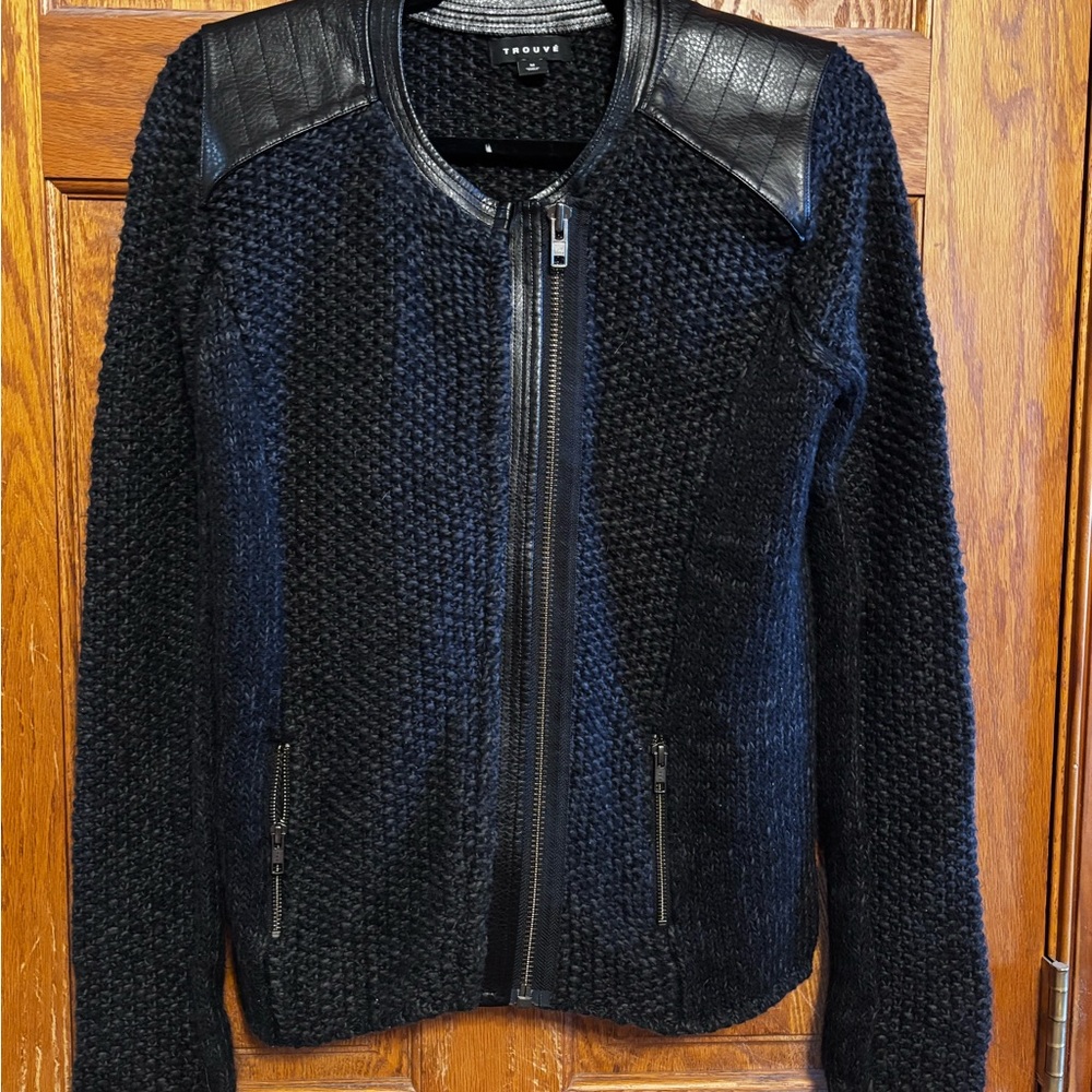 Trouvé Black Textured Knit Jacket with Leather Collar